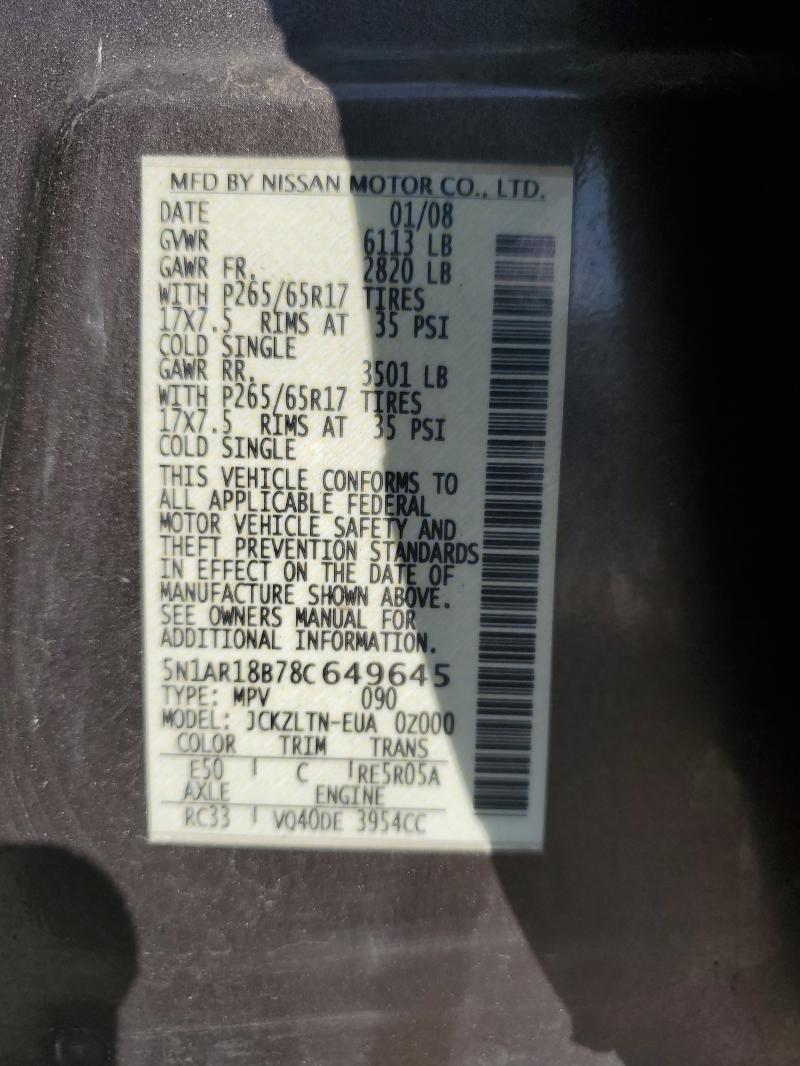 5N1AR18B78C649645 - 2008 NISSAN PATHFINDER S Boz foto 13