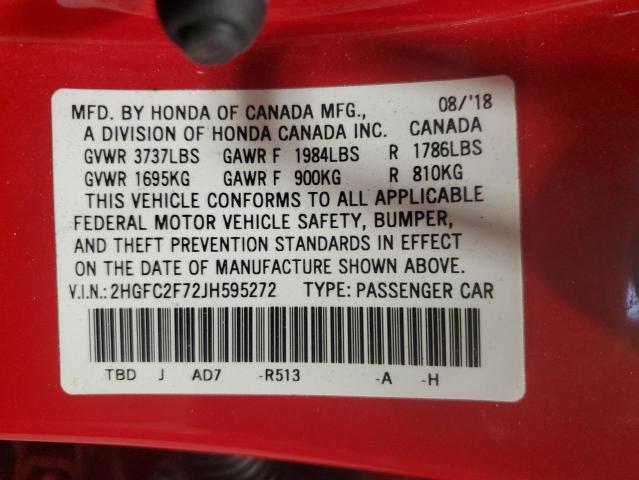 2HGFC2F72JH595272 - 2018 HONDA CIVIC EX RED photo 12