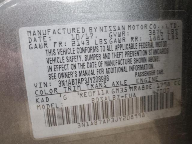 3N1AB7AP3JY208998 - 2018 NISSAN SENTRA S 灰色 照片 12