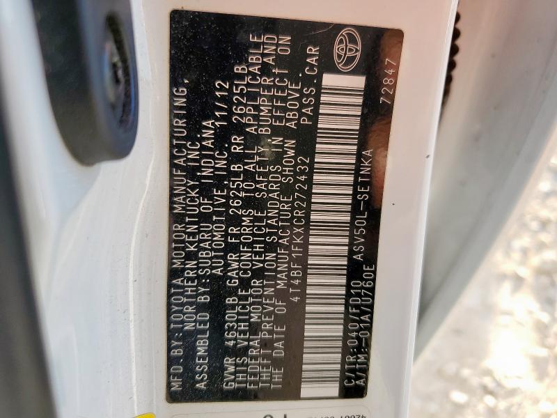 4T4BF1FKXCR272432 - 2012 TOYOTA CAMRY BASE 白色 照片 12