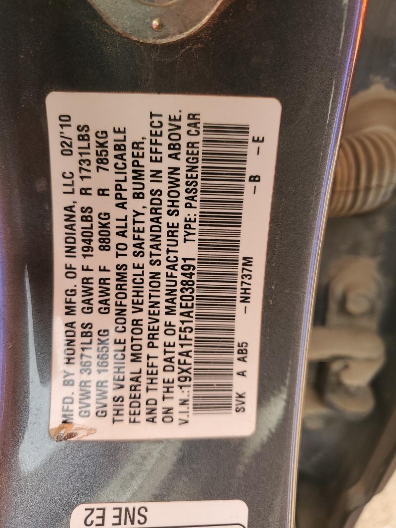 19XFA1F51AE038491 - 2010 HONDA CIVIC LX CHARCOAL photo 12