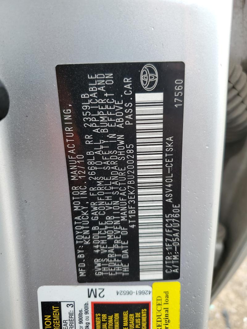 4T1BF3EK7BU200285 - 2011 TOYOTA CAMRY BASE GRAY photo 12