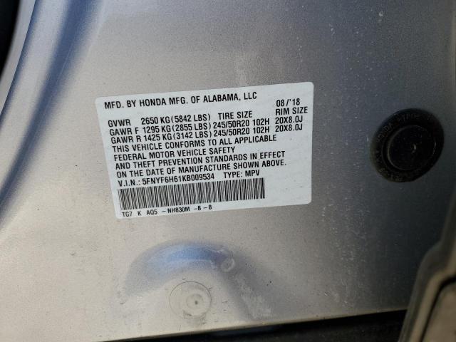 5FNYF6H61KB009534 - 2019 HONDA PILOT TOURING 银色 照片 12