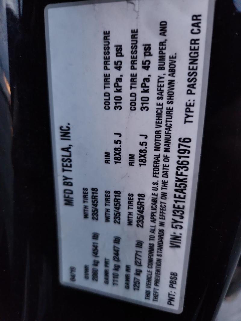 5YJ3E1EA5KF361976 - 2019 TESLA MODEL 3 Qara foto 12