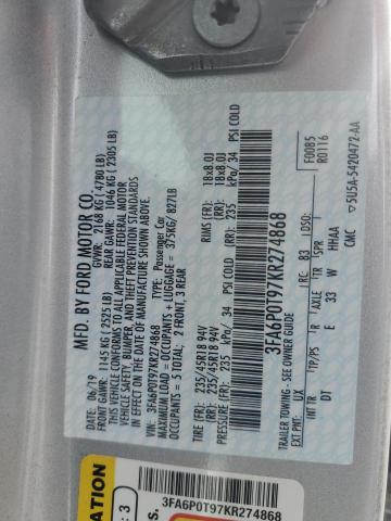 3FA6P0T97KR274868 - 2019 FORD FUSION SE 银色 照片 12