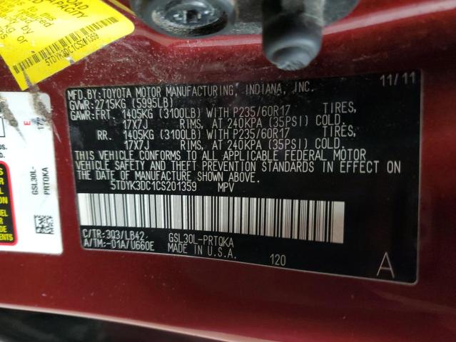 5TDYK3DC1CS201359 - 2012 TOYOTA SIENNA XLE Красный фото 13