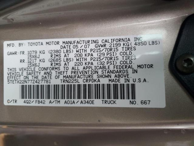 5TETX22N77Z427781 - 2007 TOYOTA TACOMA ACCESS CAB Bej foto 10
