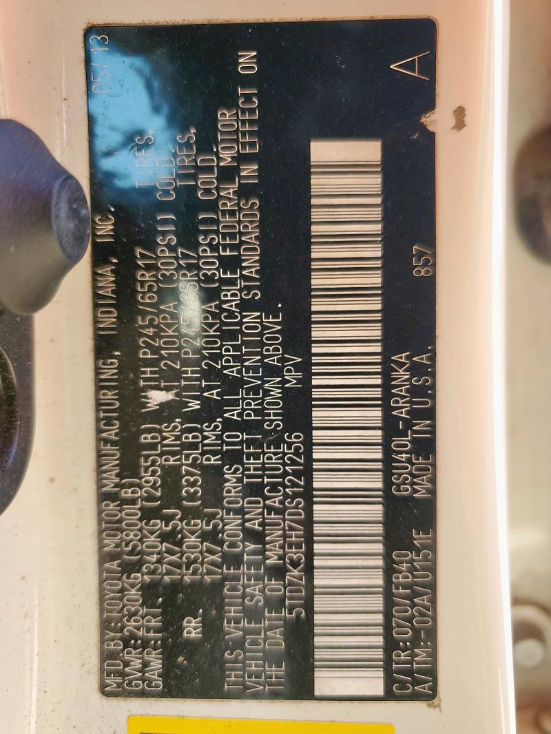 5TDZK3EH7DS121256 - 2013 TOYOTA HIGHLANDER BASE Білий фото 13