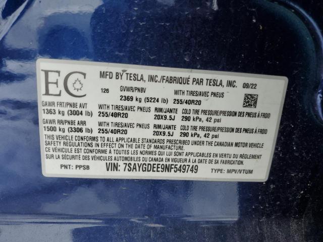 7SAYGDEE9NF549749 - 2022 TESLA MODEL Y 蓝色 照片 13