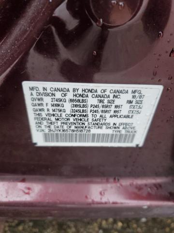 2HJYK16578H518728 - 2008 HONDA RIDGELINE RTL BURGUNDY photo 12