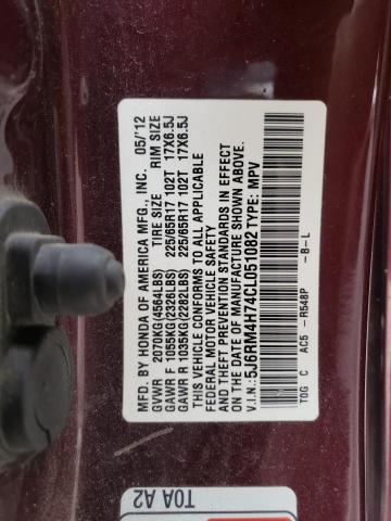 5J6RM4H74CL051082 - 2012 HONDA CR-V EXL RED photo 13