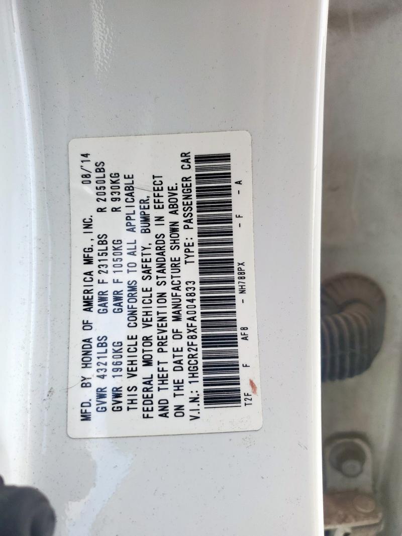 1HGCR2F8XFA004833 - 2015 HONDA ACCORD EXL WHITE photo 12