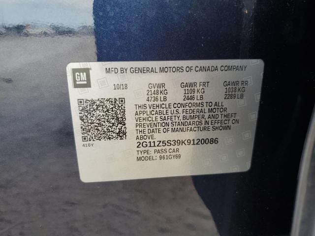 2G11Z5S39K9120086 - 2019 CHEVROLET IMPALA LT ლურჯი ფოტო 12