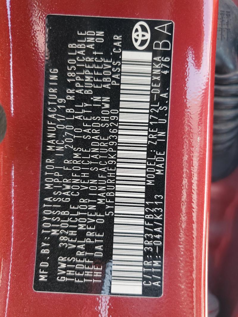 5YFBURHE9KP936290 - 2019 TOYOTA COROLLA L RED photo 13