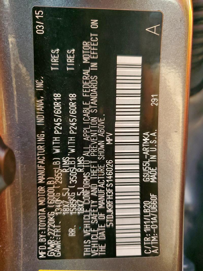 5TDJKRFH3FS146026 - 2015 TOYOTA HIGHLANDER XLE 灰色 照片 13