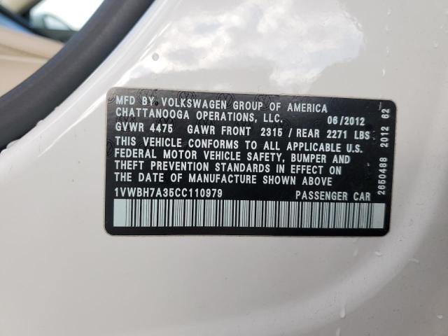 1VWBH7A35CC110979 - 2012 VOLKSWAGEN PASSAT SE თეთრი ფოტო 12