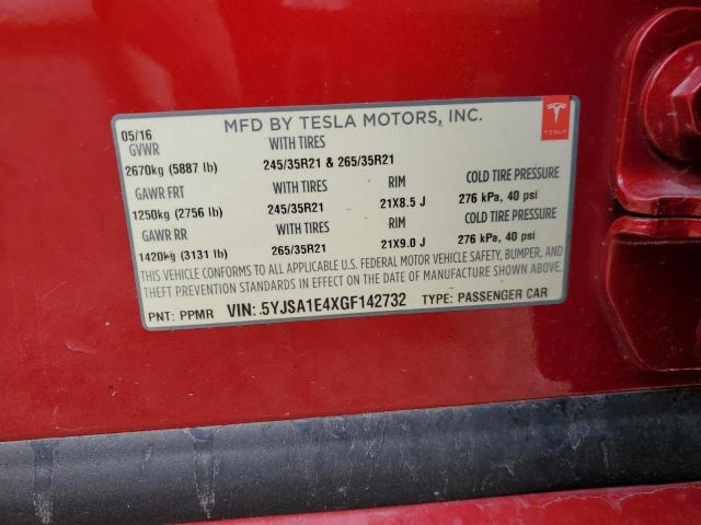 5YJSA1E4XGF142732 - 2016 TESLA MODEL S Красный фото 12