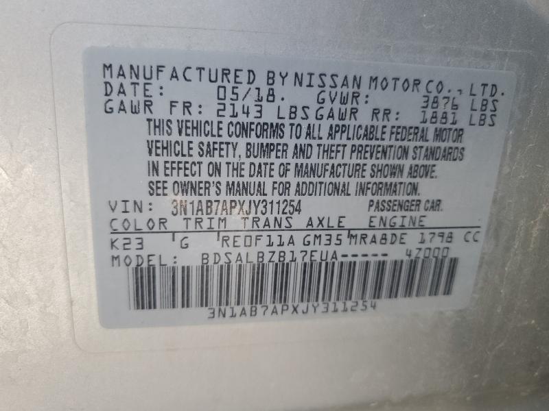 3N1AB7APXJY311254 - 2018 NISSAN SENTRA S SILVER photo 12