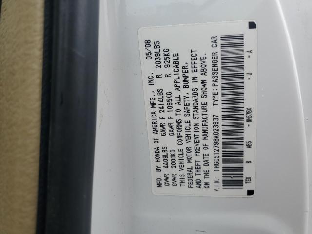 1HGCS12798A023937 - 2008 HONDA ACCORD EX WHITE photo 12