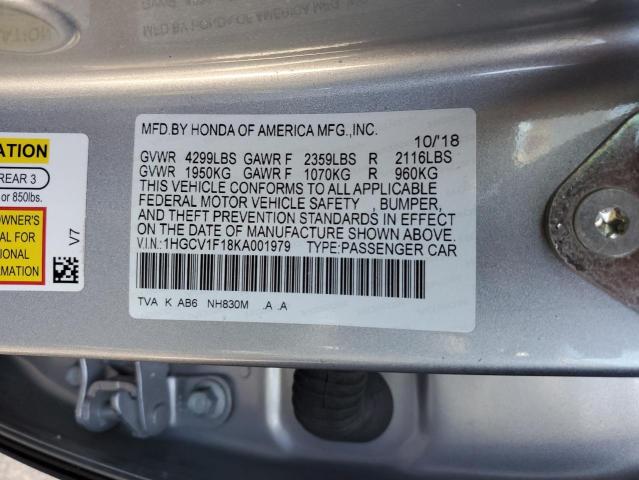 1HGCV1F18KA001979 - 2019 HONDA ACCORD LX Ağ foto 12