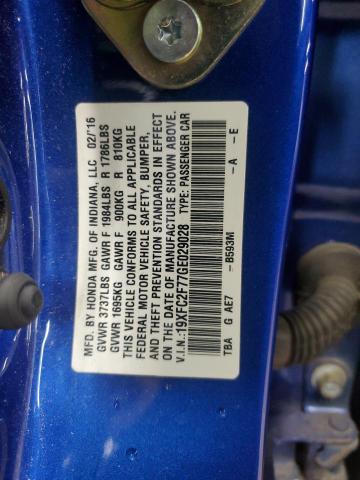 19XFC2F77GE029028 - 2016 HONDA CIVIC EX BLUE photo 12
