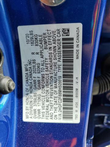 2HGFC2F88MH505619 - 2021 HONDA CIVIC SPORT 蓝色 照片 12