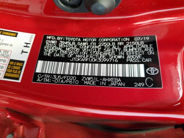 JTDKARFU0K3099716 - 2019 TOYOTA PRIUS 红色 照片 13
