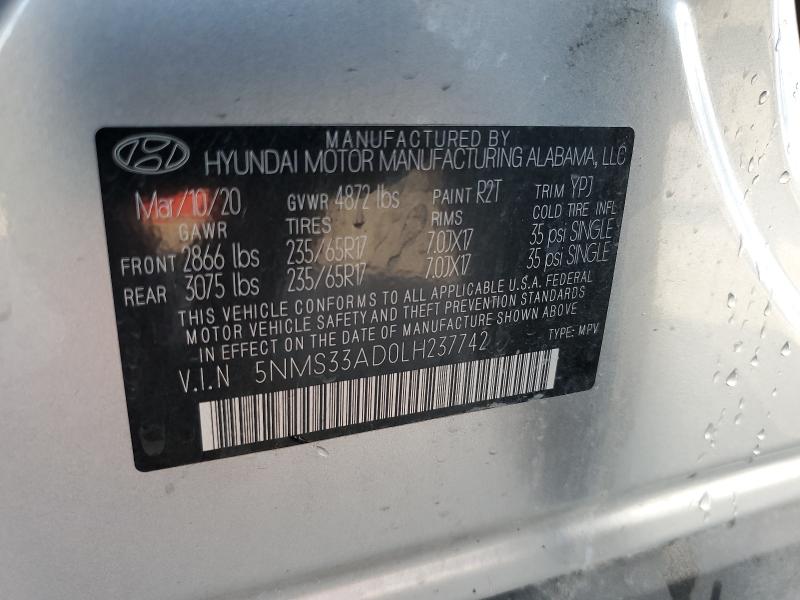 5NMS33AD0LH237742 - 2020 HYUNDAI SANTA FE SEL SILVER photo 13