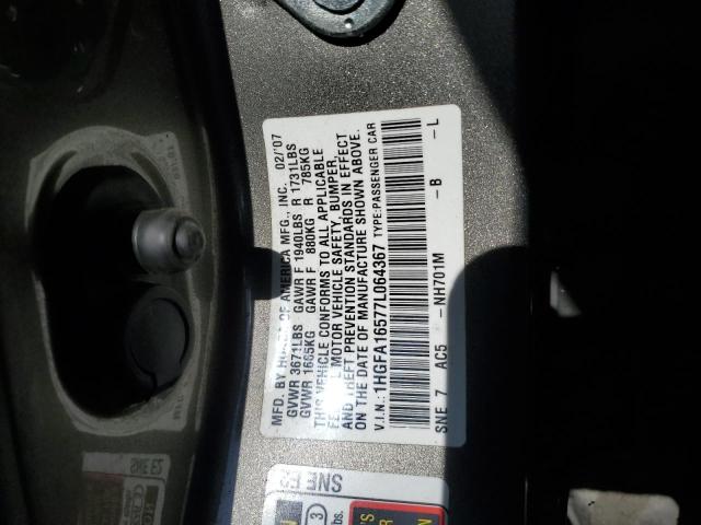1HGFA16577L064367 - 2007 HONDA CIVIC LX GRAY photo 12