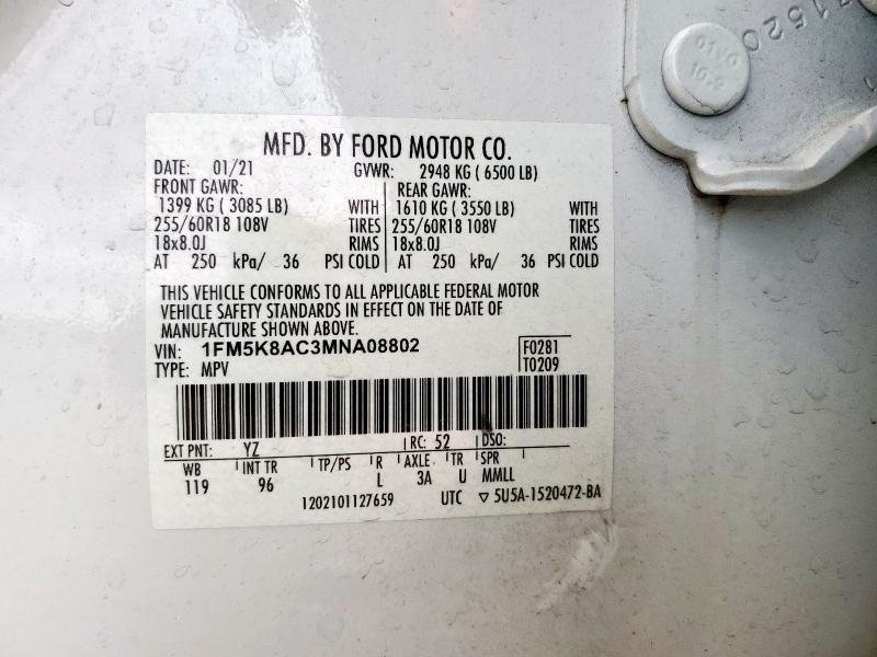 1FM5K8AC3MNA08802 - 2021 FORD EXPLORER POLICE INTERCEPTOR Biały zdjęcie 13