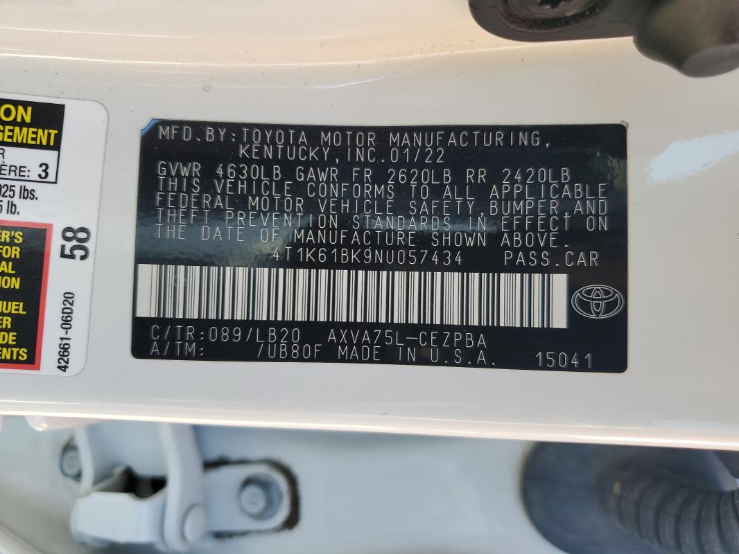 4T1K61BK9NU057434 - 2022 TOYOTA CAMRY XSE WHITE photo 12