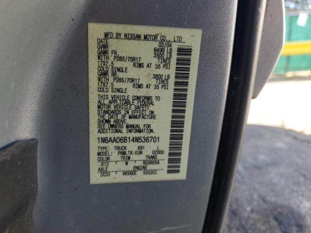 1N6AA06B14N536701 - 2004 NISSAN TITAN XE Күміс фото 12