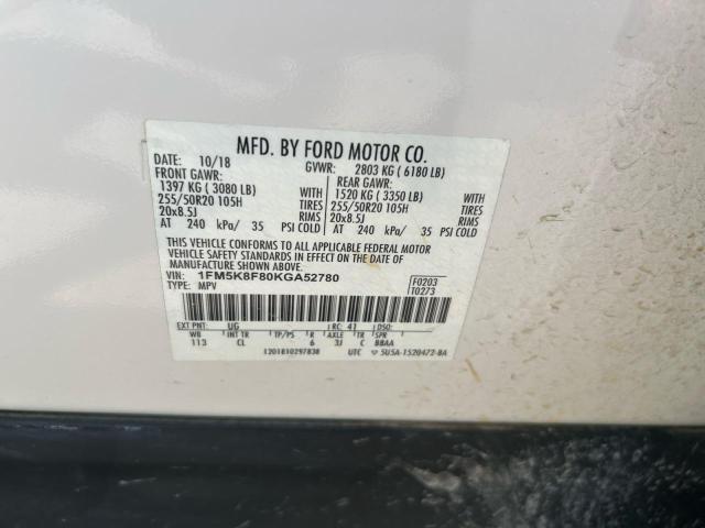 1FM5K8F80KGA52780 - 2019 FORD EXPLORER LIMITED WHITE photo 10