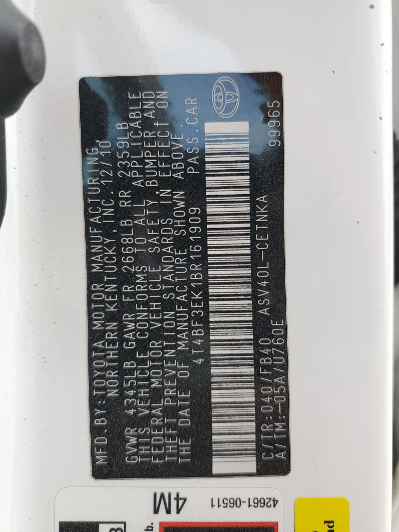 4T4BF3EK1BR161909 - 2011 TOYOTA CAMRY BASE WHITE photo 12