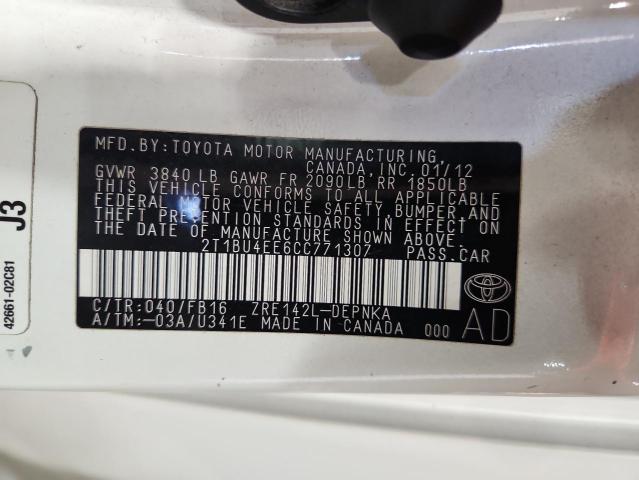 2T1BU4EE6CC771307 - 2012 TOYOTA COROLLA BASE 白色 照片 12