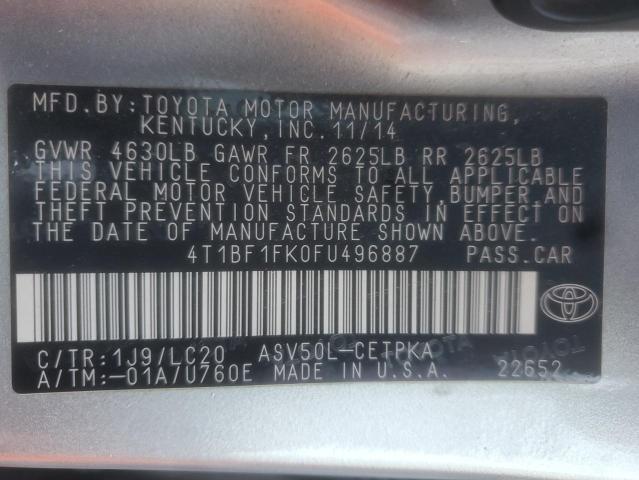 4T1BF1FK0FU496887 - 2015 TOYOTA CAMRY LE ვერცხლისფერი ფოტო 13