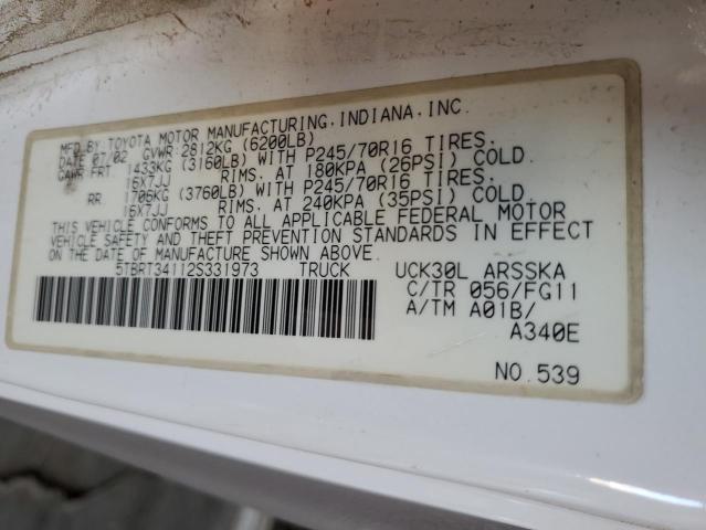 5TBRT34112S331973 - 2002 TOYOTA TUNDRA ACCESS CAB Ақ фото 12
