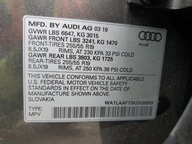 WA1LAAF73KD038509 - 2019 AUDI Q7 PREMIUM PLUS Gris foto 12