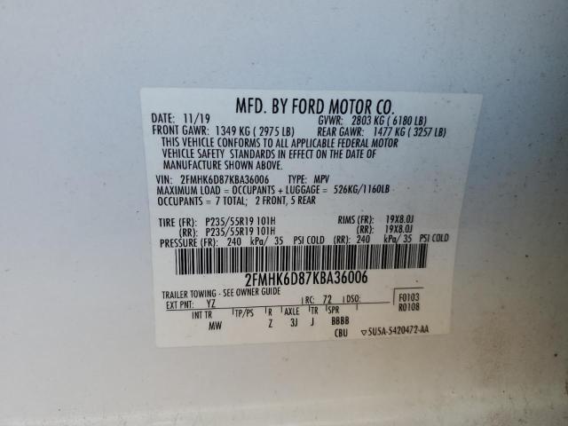 2FMHK6D87KBA36006 - 2019 FORD FLEX LIMITED 白色 照片 13