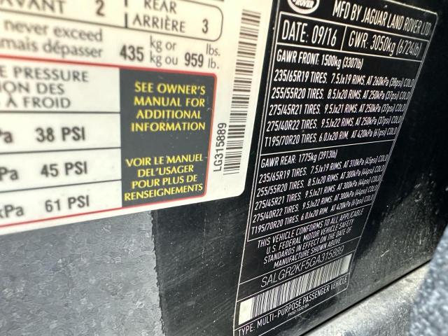 SALGR2KF5GA315889 - 2016 LAND ROVER RANGE ROVE BLACK photo 10