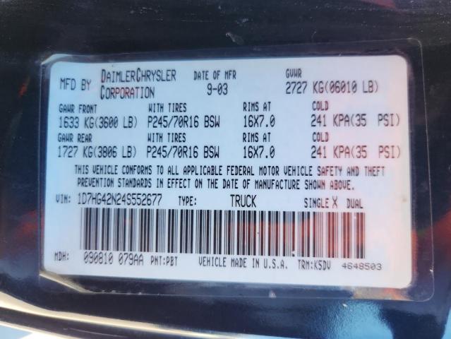 1D7HG42N24S552677 - 2004 DODGE DAKOTA SLT BLUE photo 12
