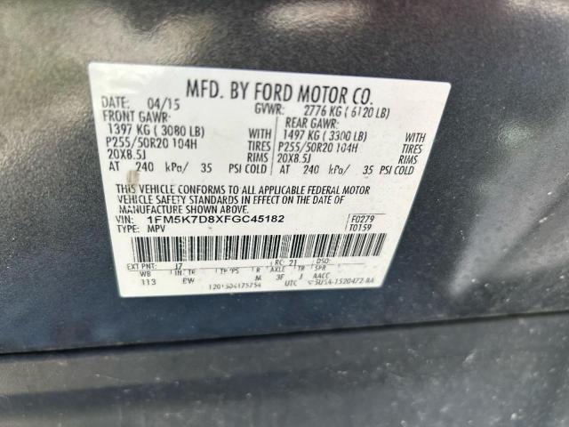 1FM5K7D8XFGC45182 - 2015 FORD EXPLORER XLT ნაცრისფერი ფოტო 10