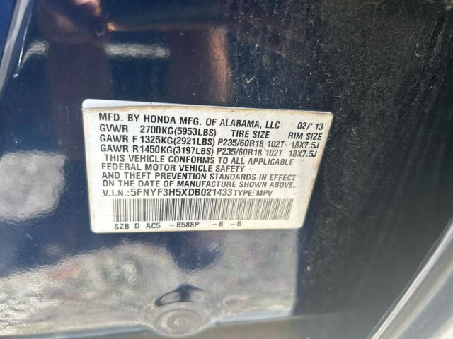 5FNYF3H5XDB021433 - 2013 HONDA PILOT EXL Mavi foto 10