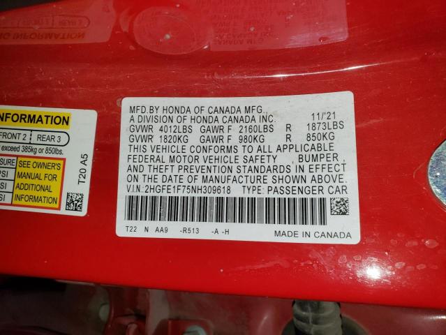 2HGFE1F75NH309618 - 2022 HONDA CIVIC EX წითელი ფოტო 12