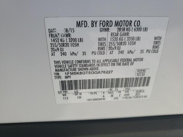 1FM5K8GT5GGA76227 - 2016 FORD EXPLORER SPORT თეთრი ფოტო 13