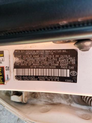 4T1B11HK9KU228006 - 2019 TOYOTA CAMRY L WHITE photo 12