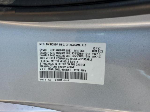 5FNRL6H92JB058361 - 2018 HONDA ODYSSEY ELITE SILVER photo 13