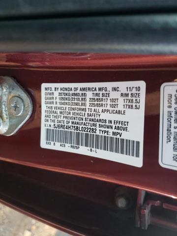 5J6RE4H75BL022282 - 2011 HONDA CR-V EXL RED photo 12