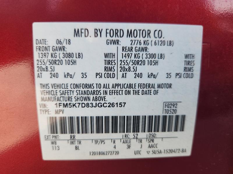 1FM5K7D83JGC26157 - 2018 FORD EXPLORER XLT Rojo foto 13