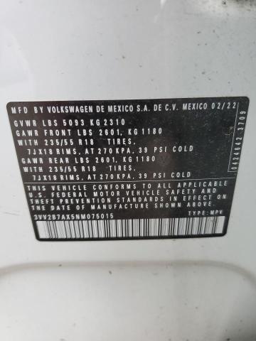 3VV2B7AX5NM075015 - 2022 VOLKSWAGEN TIGUAN SE أبيض صورة 13